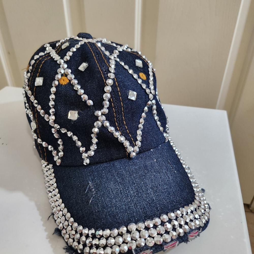 Embellished Denim Cap with Rhinestones